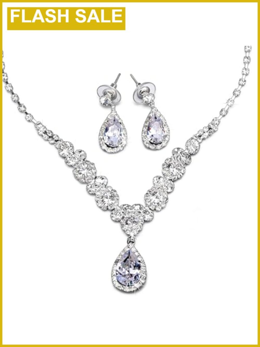 COCIDE Bride Crystal Rhinestone Jewelry Set Silver Teardrop Pendant Necklace